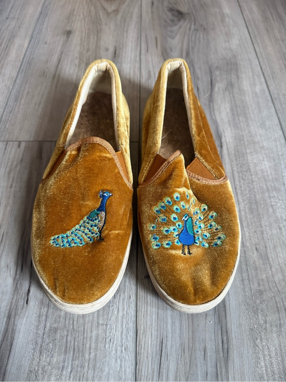 Soludos Women’s Velvet Slip-On Shoes with Embroidered Peacock - Golden Sz 8